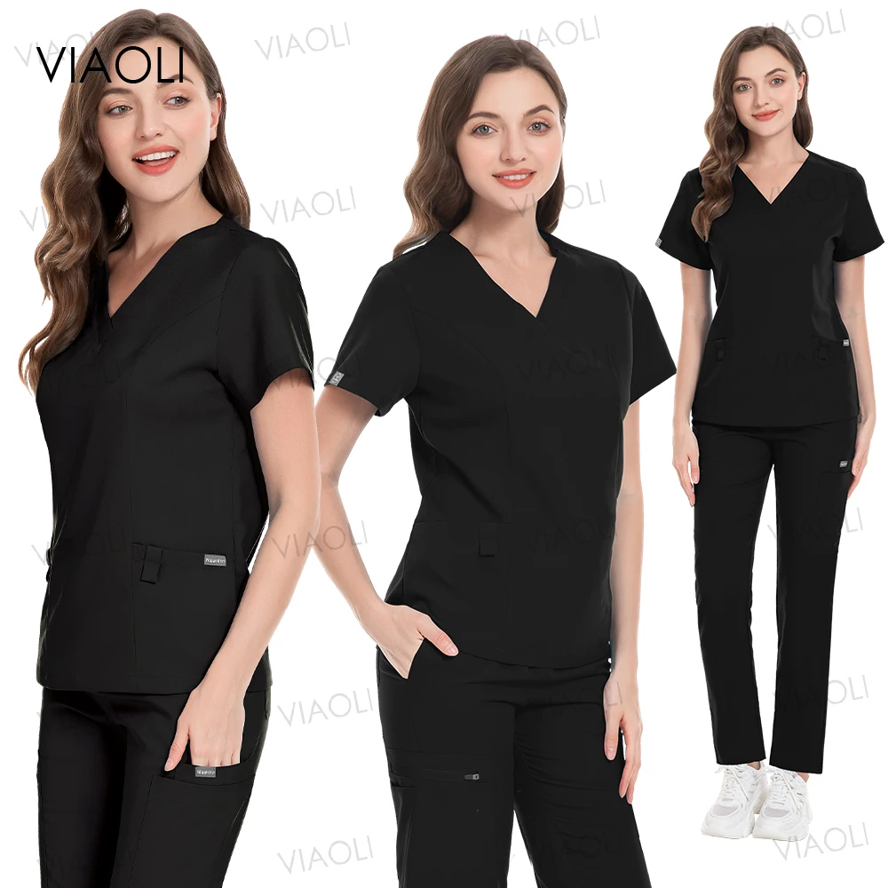 

V-Neck Short Sleeve Hospital Nurse Tops Pockets Pants Medical Uniforms Women Scrubs Set Dental Beauty Salon Spa Workwear Clohtes