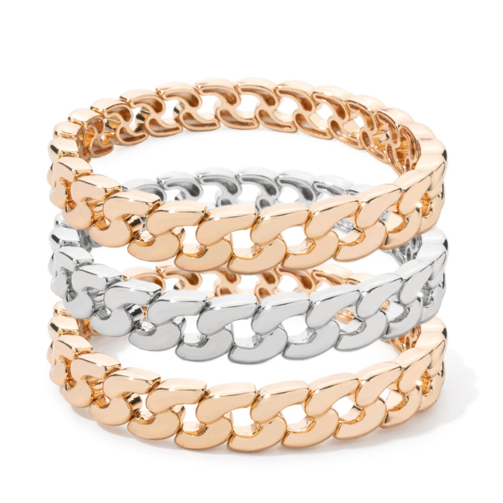 Gold Color Link Chain Bangle For Women Golden Elastic Beaded Hand Bracelets Sets