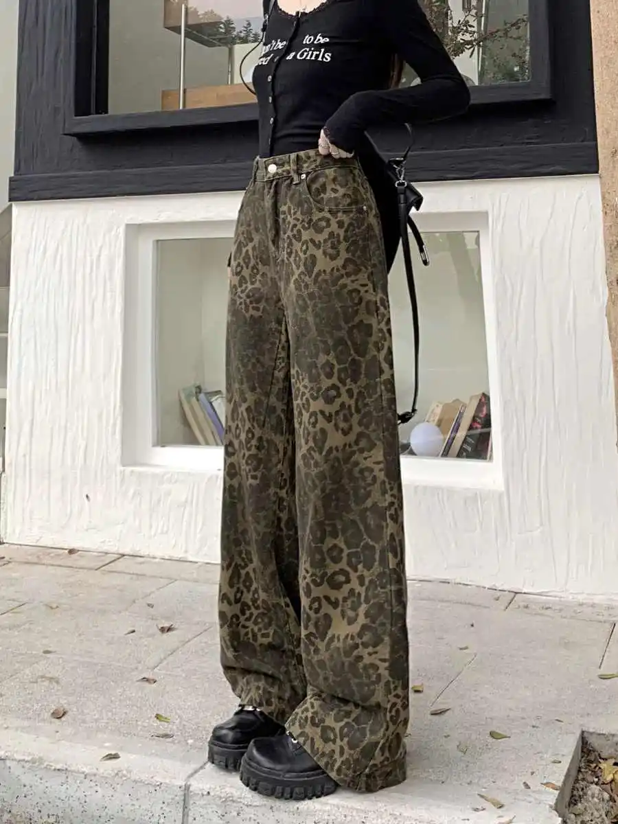 Retro Leopard Print Jeans For Women Summer High Waisted Zipper Casual Straight-leg Pants Female Loose Versatile Floor Trousers