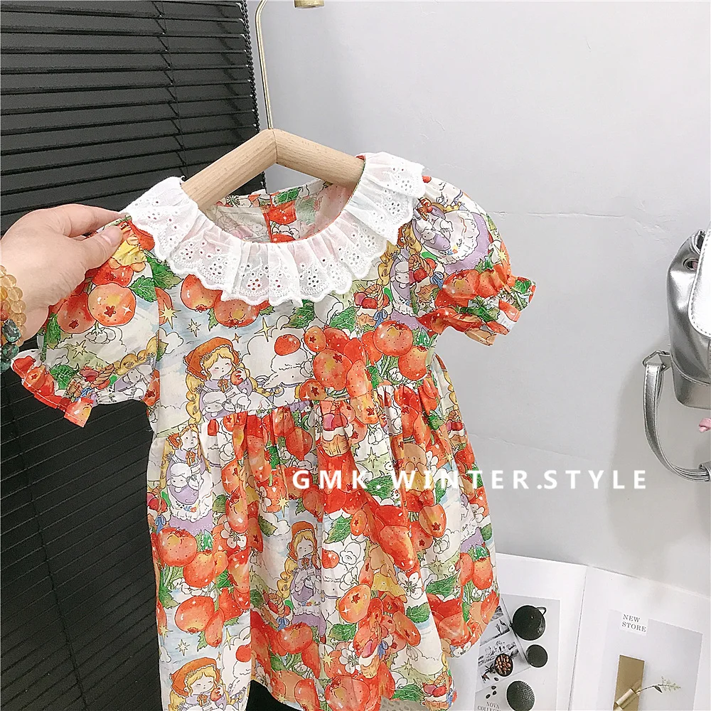 

Girls Skirt 2025 Summer New Childrens Clothing Korean Style Girls Baby Fashion Lace Collar Cotton Print Skirt Casual Simple