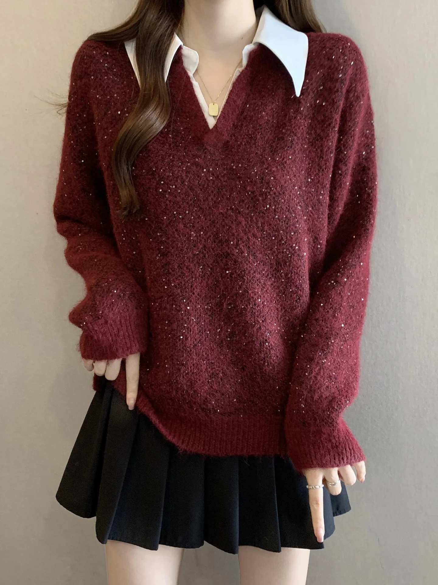 

Уникальный красный вязаный свитер для женщин больших размеров, осенне-зимний, свободного кроя, скрывающий живот, теплый, утолщенный, с длинными рукавами.