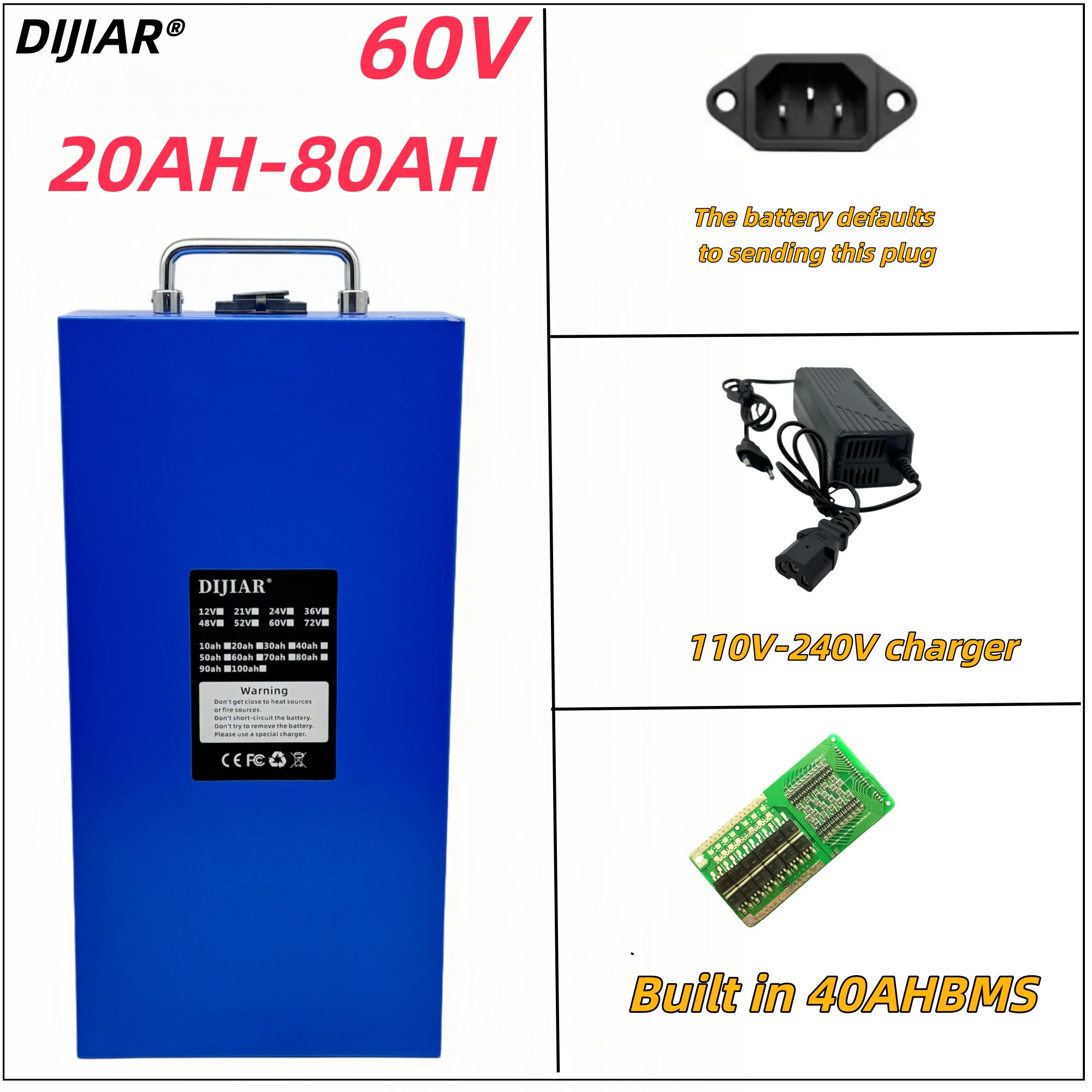 

DIJIAR,60V21700 lithium-ion battery,new large capacity 20AH-80AH,handle design,suitable for Harley electric vehicles below 3000W