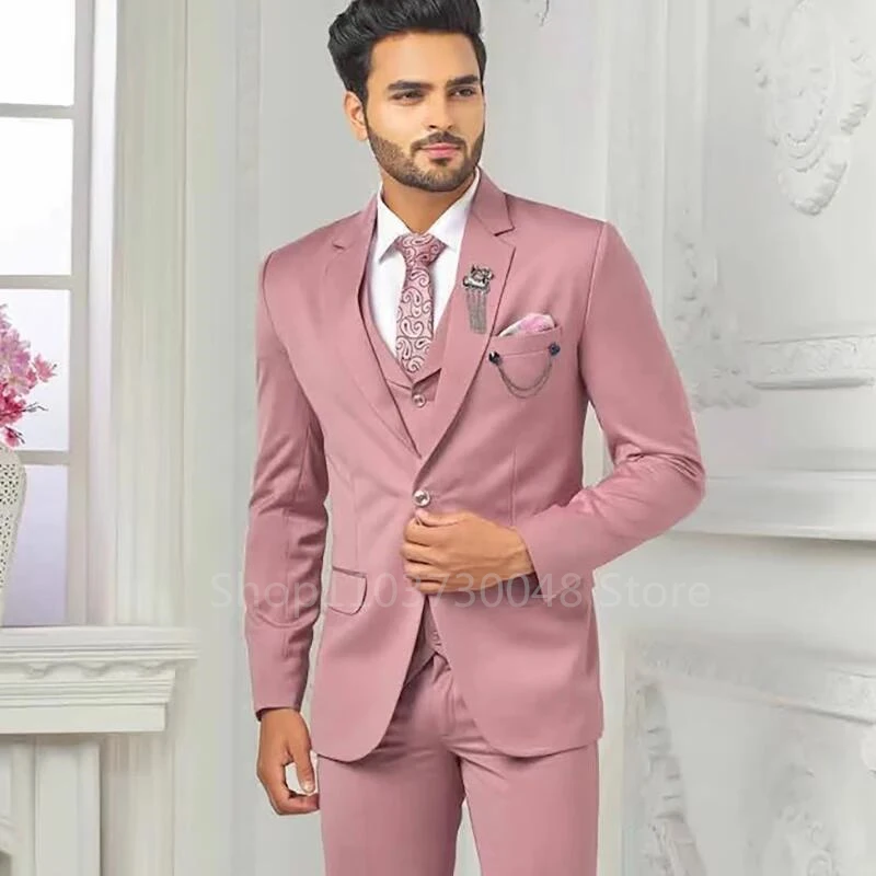 

Elegant Pink Men's Suits 3 Piece Notch Lapel Casual Tuxedos for Wedding Groomsmen Suits Business Men Suits(Blazer+Vest+Pant)