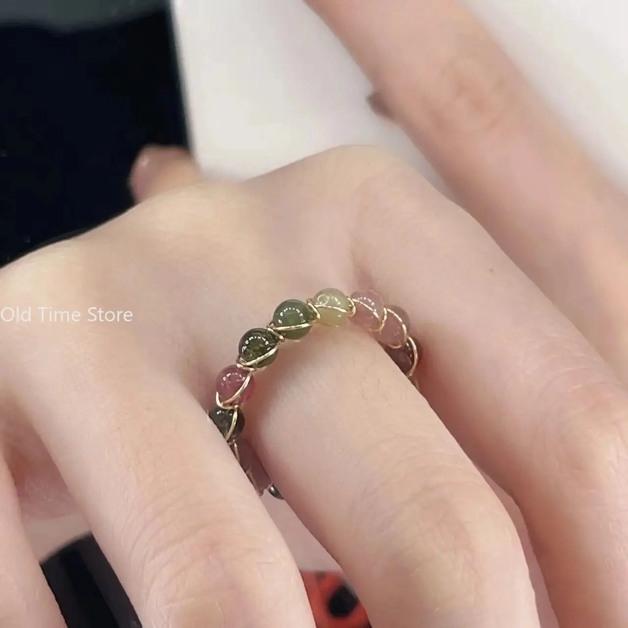 Rainbow Tourmaline Ring Fashionable Multi Treasure Bead Ring Female Niche Ins High-end Sense Index Finger Ring