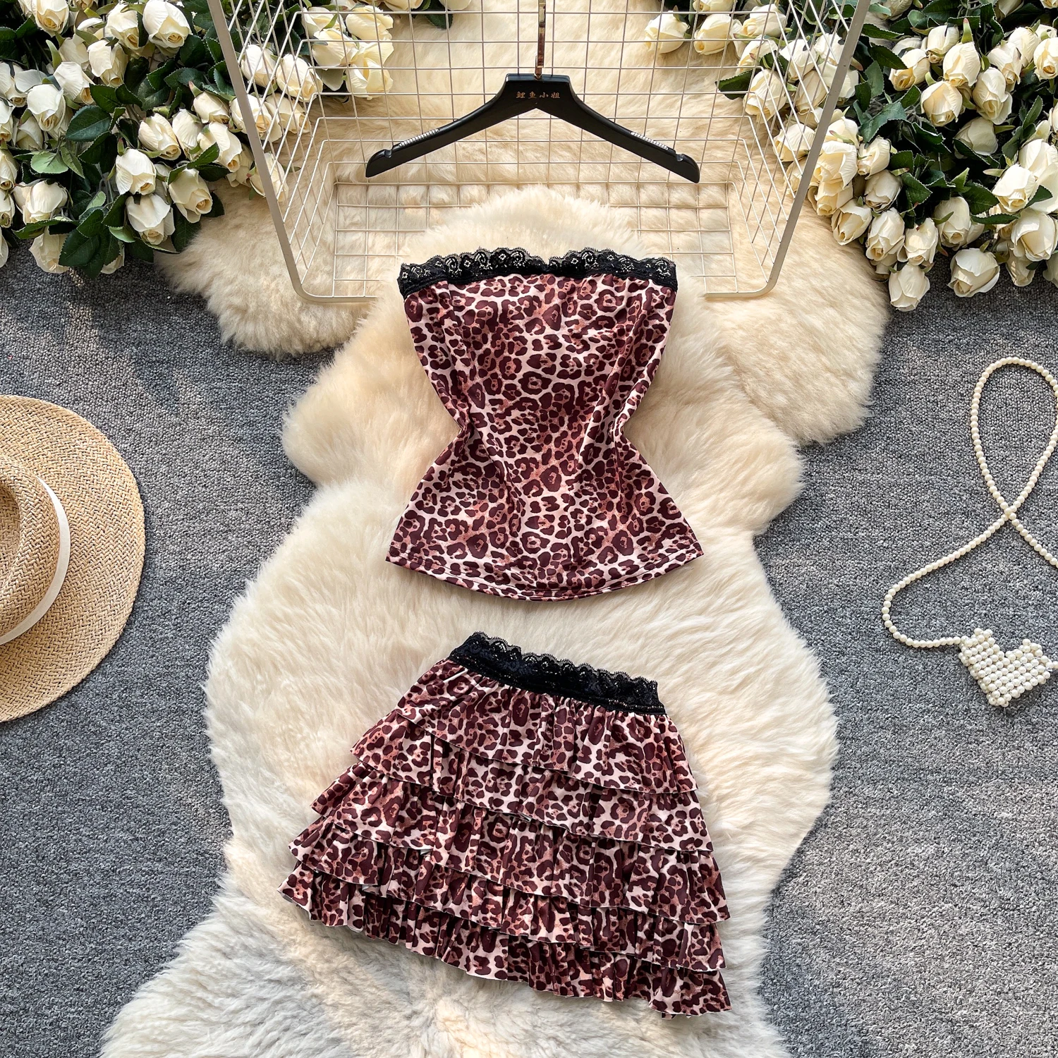 

Шикарное винтажное леопардовое кружево без рукавов, тонкое корейское модное женское летнее платье, комплект из двух предметов