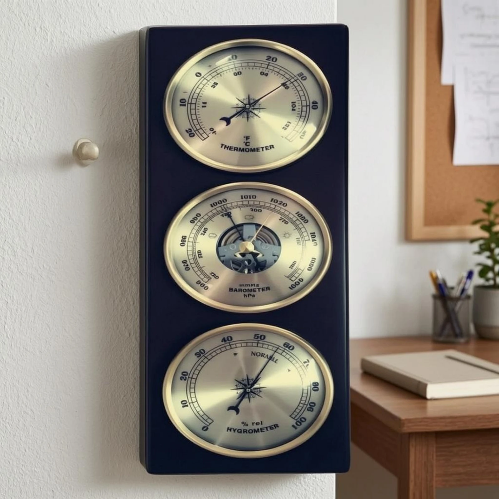 Thermometer Atmospheric Pressure Gauge Hygrometer Vertical Analog Gauge Set Wood Framed Atmospheric Pressure Gauge Gold-Tone