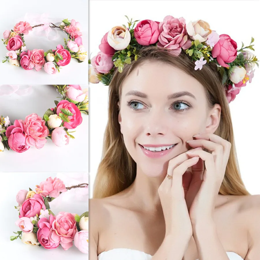 New Spring Bohemian bride Rose Crowns Wreath Beach Hawaii Floral Garland Romantic Faux Rose Wedding Wreaths New Flower Headband