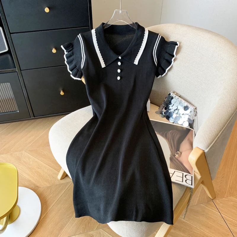 Women Preppy Style Buttons Short Sleeved Knit Dress Contrast Color Stripes Turn-down Collar Dress Summer Mid-Length Casual Dress