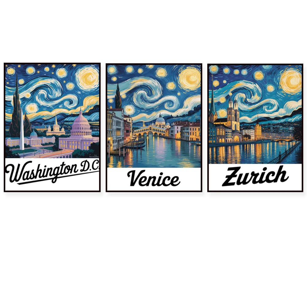 Van Gogh Style Starry Night Scenery Posters - Zurich Vienna Vancouver Tokyo Shanghai Singapore Sydney Tel Aviv Toronto Wall Art