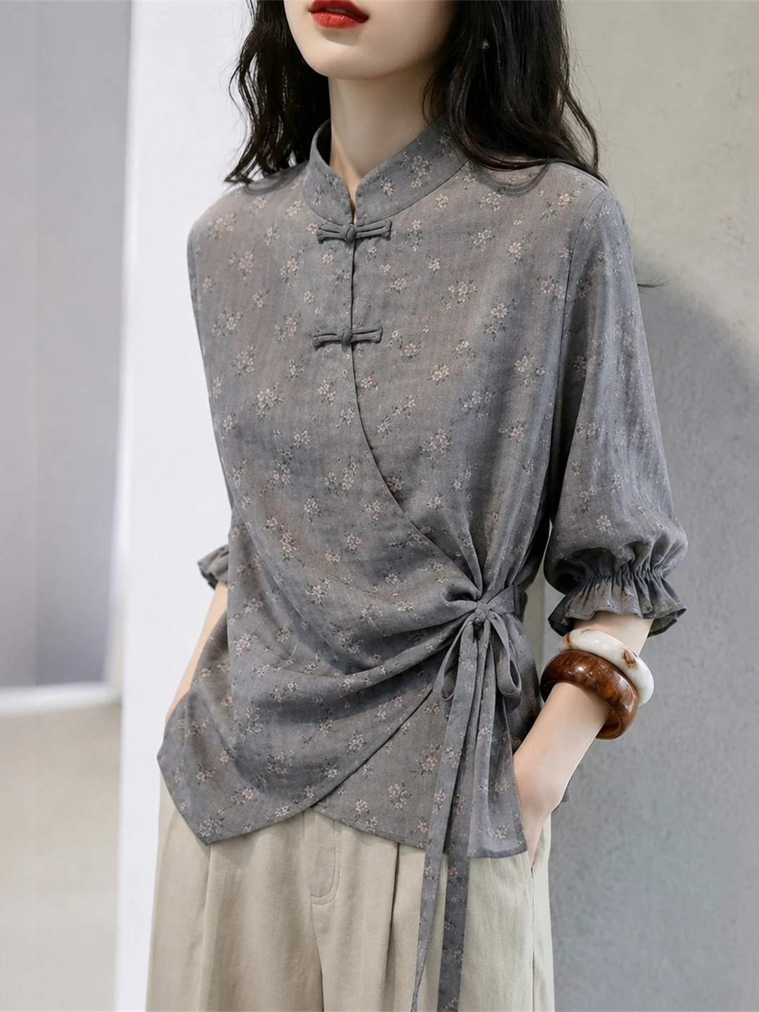 Elegant New Chinese Style Shirt Collar Blouse Floral Print Slimming Soft Personality Korean Version Straight Tube Silk Top