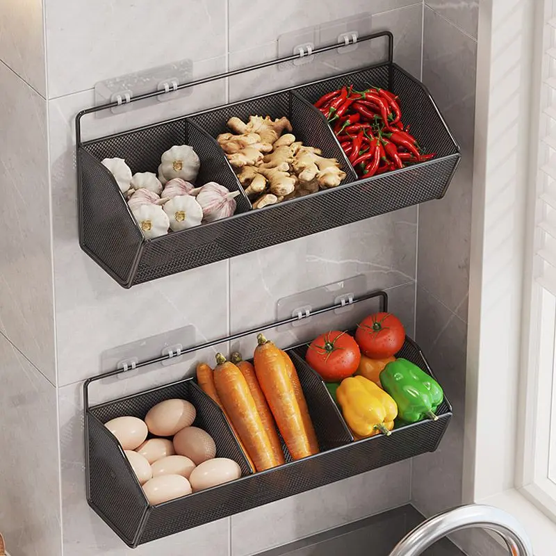 

Kitchen Storage Rack Metal Wall-mounted Punch-free Installation Storage Basket for Fruits Vegetables Large Capacity Space Saving