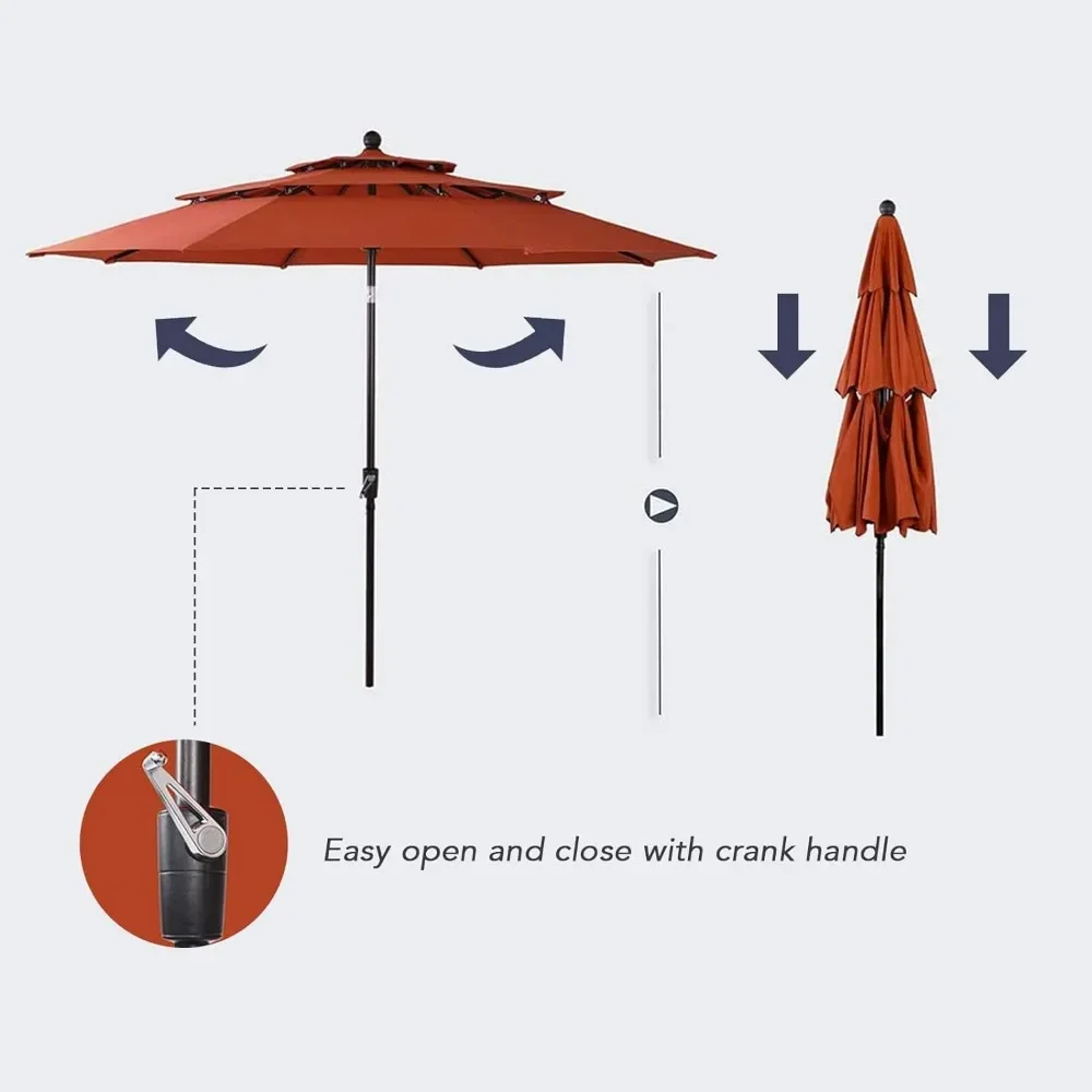 Sunshade Umbrella with 3 Tiers Aluminum Pole & 8 Sturdy Ribs, Market Patio Table Umbrellas with Auto Tilt, 10ft Patio Umbrella