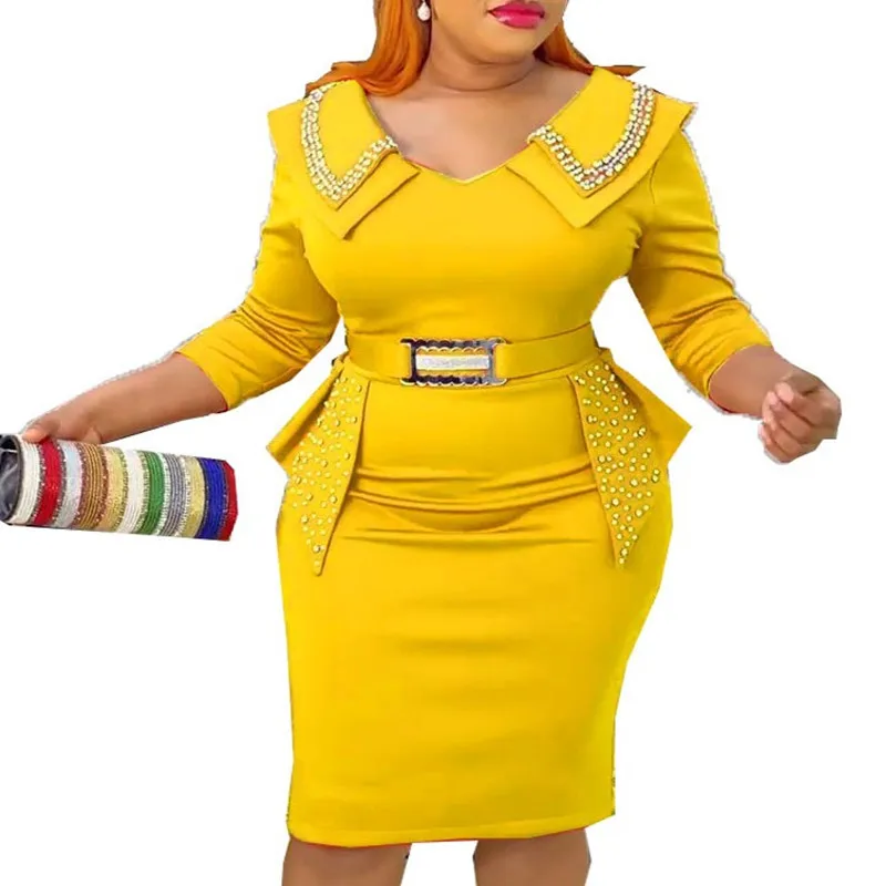 Sommer afrikanische Kleider für Frauen Luxus Perlen sexy Schlitz hohe Taille Bodycon Tuniken Mini Bleistift Kleid Femme Nigeria Kleidung