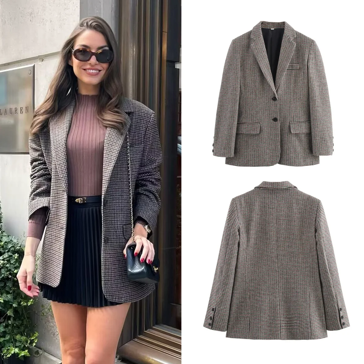 

Autumn Winter Houndstooth Blazers Jacket Women Long Sleeves Lapel Coat Female Fashion Street Single Breasted Slim Casual Coat