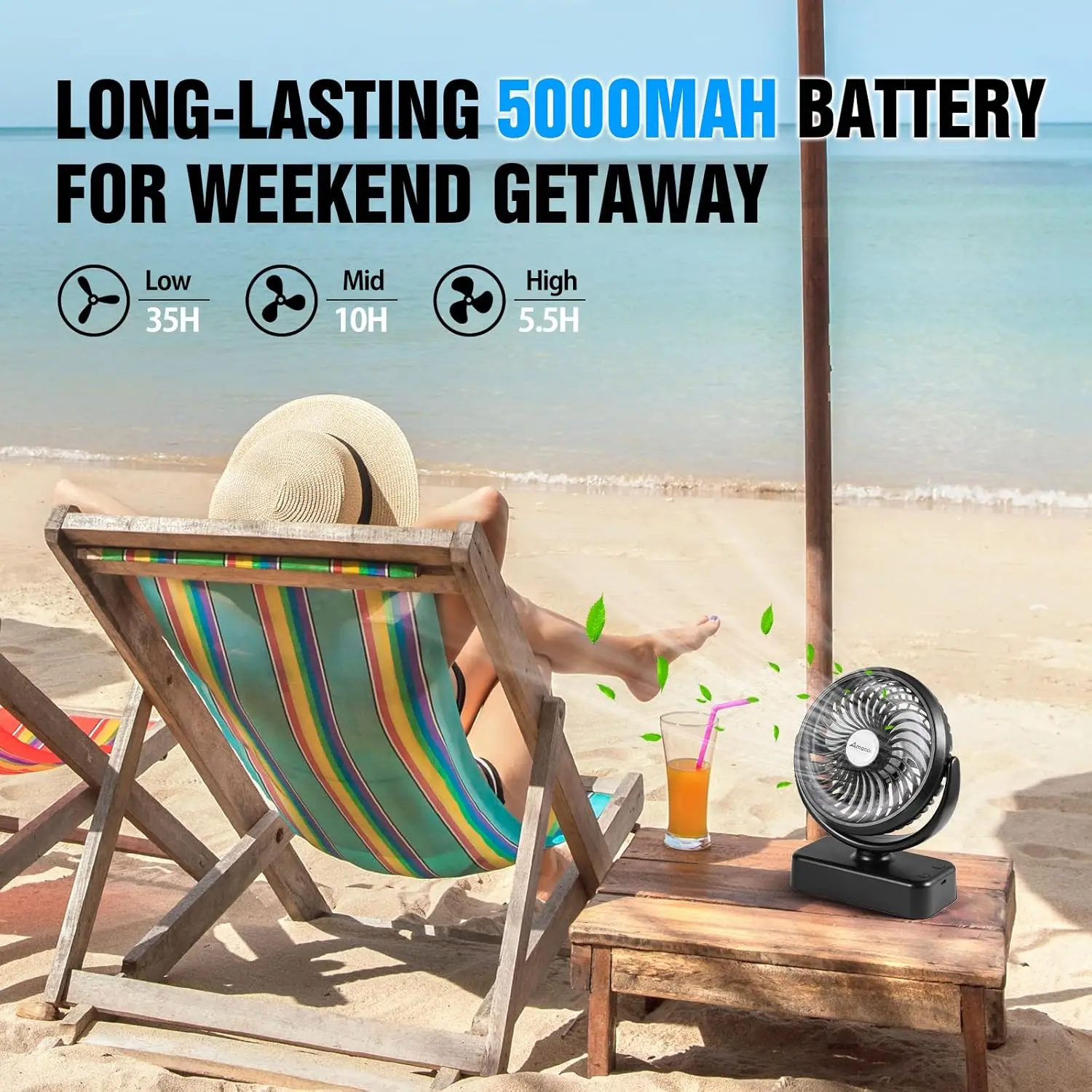 Rechargeable Camping Fan with LED Light - 40H Battery, Hanging Hook for Tent Car RV Emergency