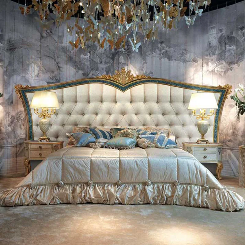 #French Royal-Style Luxurious Shell-Inlay Princess High Box Double Bed Gold-Leaf Carved Solid Wood Frame Soft Backrest
