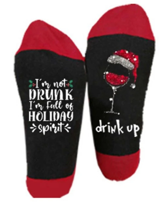 Christmas Socks for Women Autumn and Winter Medium Tube Cotton Personalized Red Wine Cup Cute Breathable Socks New Year