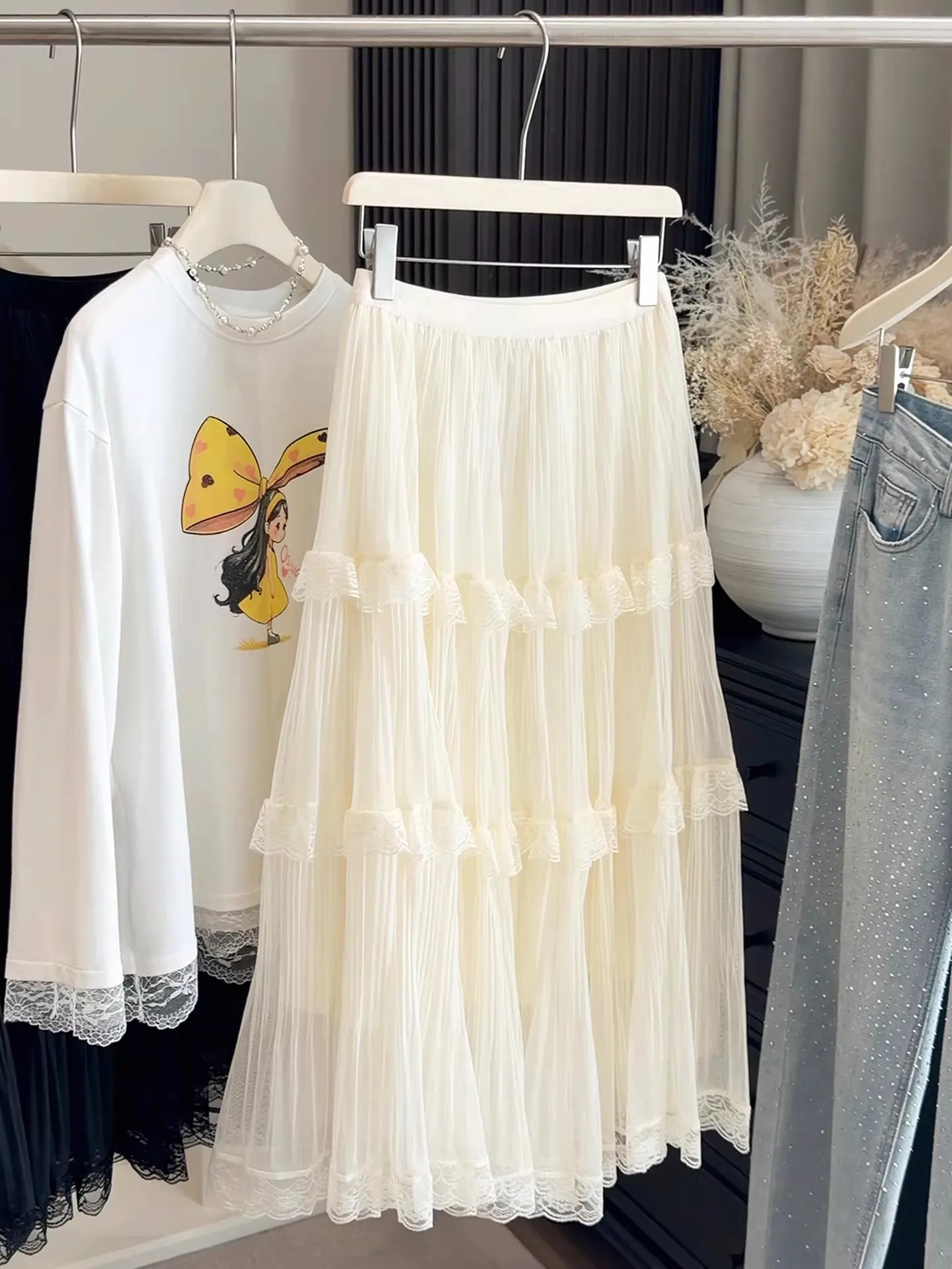 Retro Süßer Weißer Langer Rock für Damen, Lässiger Lockerer Rock mit Hoher Taille, Eleganter Vintage-Rock mit Spitzenbesatz, Koreanischer Sommer-Langrock – Detail 20