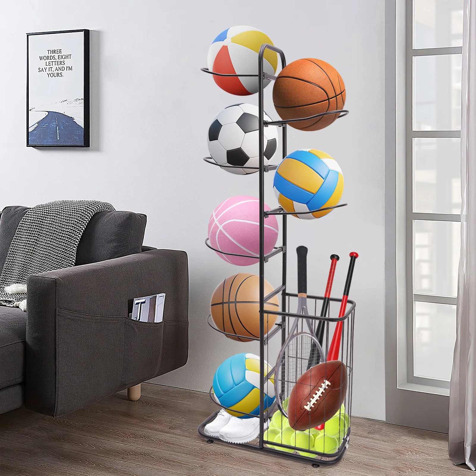 Basketball Ball Storage Rack For Volleyball Ball Storage Holder Freestanding Football Display Stand Multi-Layer Storage Shelf