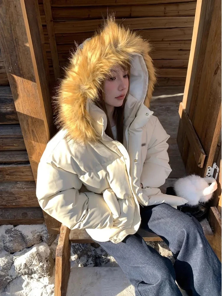 Winter Pu Leather Warm Parkas Female Y2K Korean Thick Furry Crop Hooded Coats Loose Preppy Puffer Jacket Zipper Fluffy Down Coat