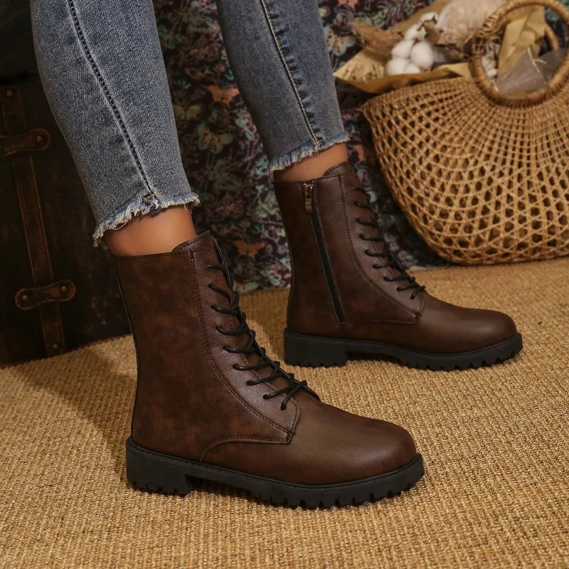 2025 botas de calidad de cuero de vaca para mujer Otoño Invierno cuadrado Med tacón botines con cordones cremallera botas mujer bottes femmes