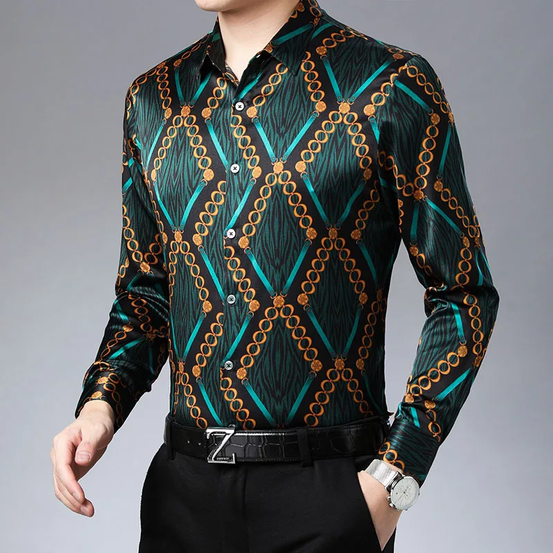 Shirt Men Long-sleeved Dad Silk Satin Spring Autumn Casual Clothes