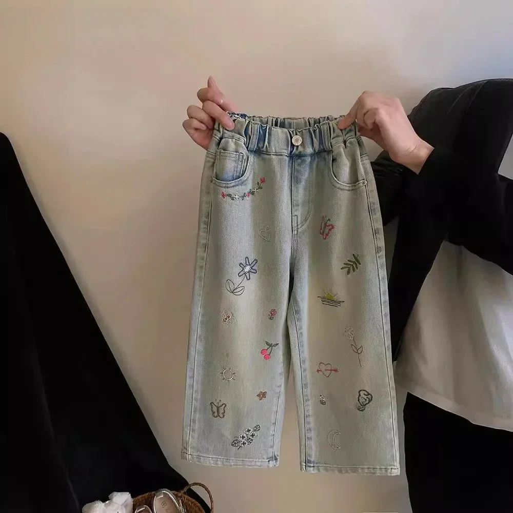 

Graffiti Style Girls' Clothes for Summer Loose Straight Leg Jeans Korean Version Fashionable and Versatile Children's Pants