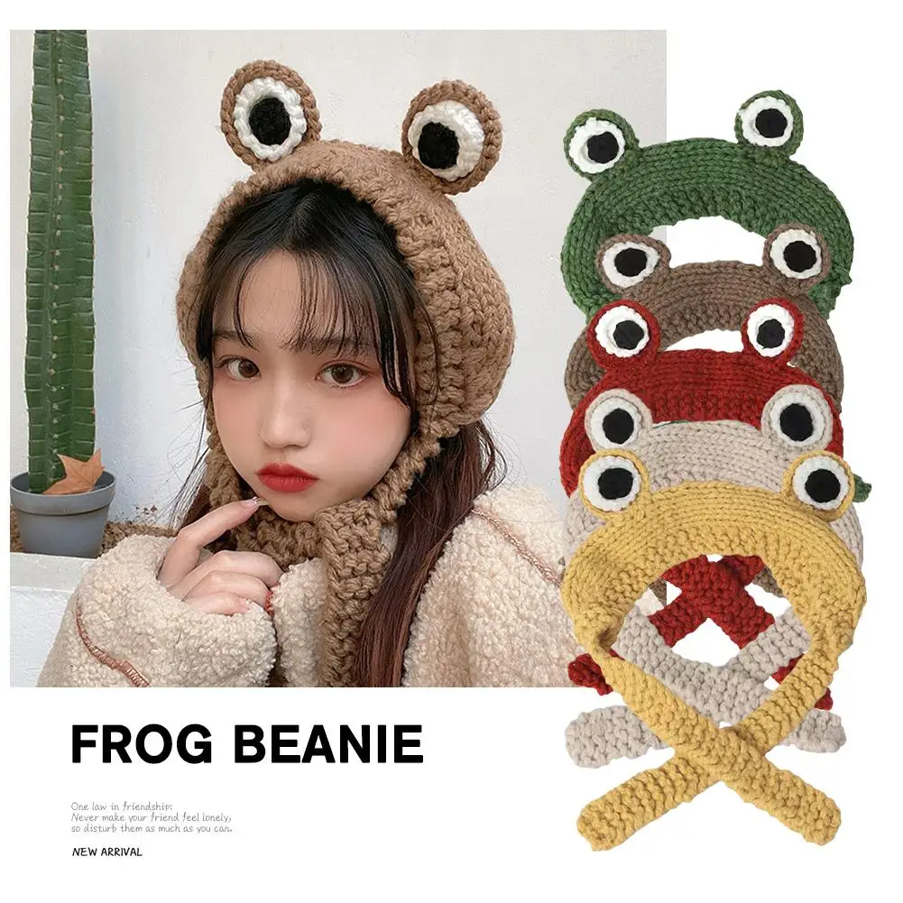 Frog Headband Hat Cute Crochet Knitted Headband Outdoors Big Eye Hair Earflap Ear Frog Accessories Protective Cap S7X9