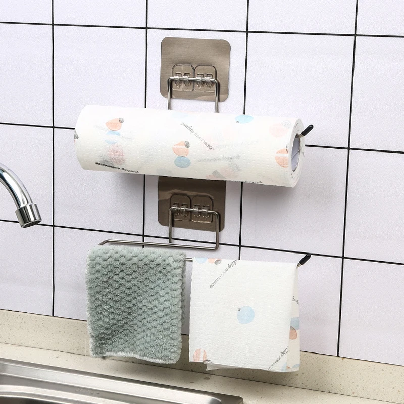 

New Kitchen Paper Roll Holder Bathroom Toilet Pape Storage Rack Towel Rack Cabinet Rag Hanging Holder Self-adhesive Kitchen Hook