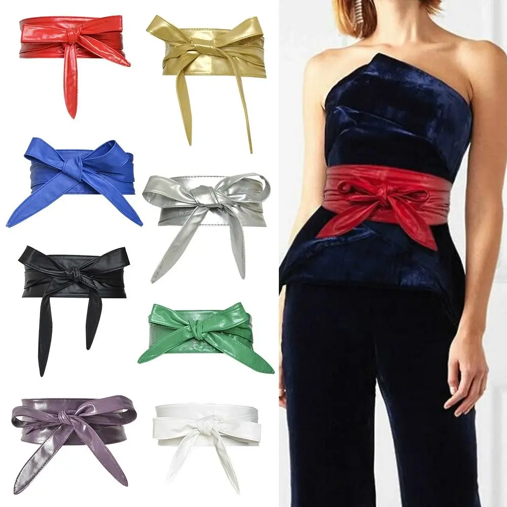 Women Lace Up Belt Fashion PU Leather Bowknot Belts Longer Wide Bind Waistband Ties Bow Ladies Dress Decoration