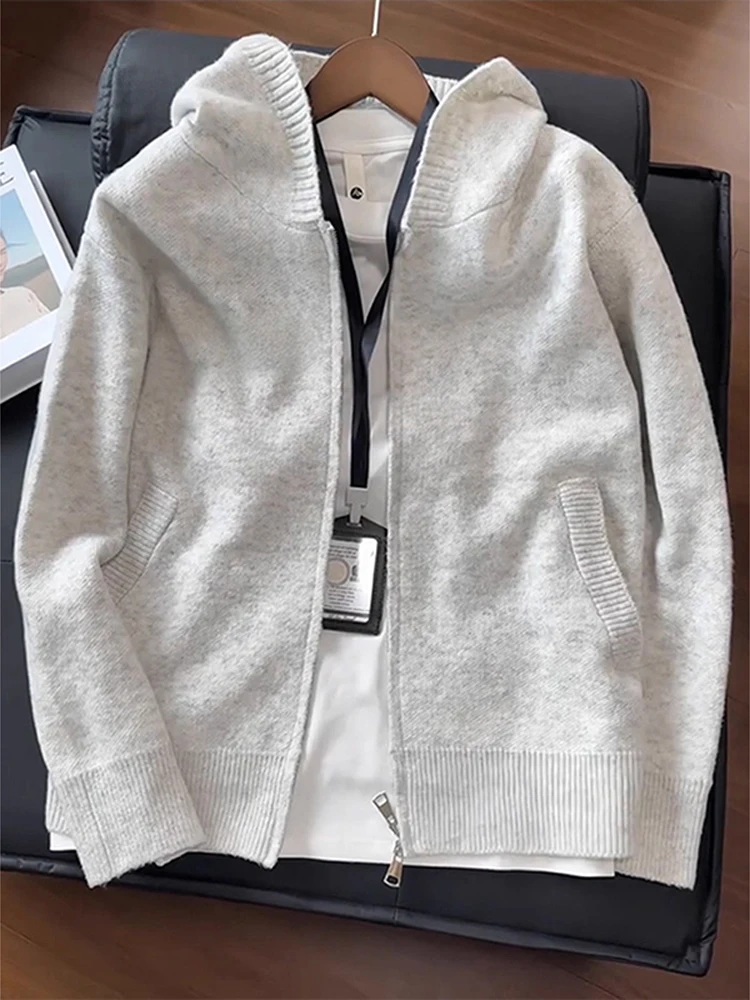 

Вязаный открытый кардиган с капюшоном в стиле ретро, мужской осенний свободный кардиган, элитный тяжелый американский свитер Jaet Cleanfit, пара, молодежь