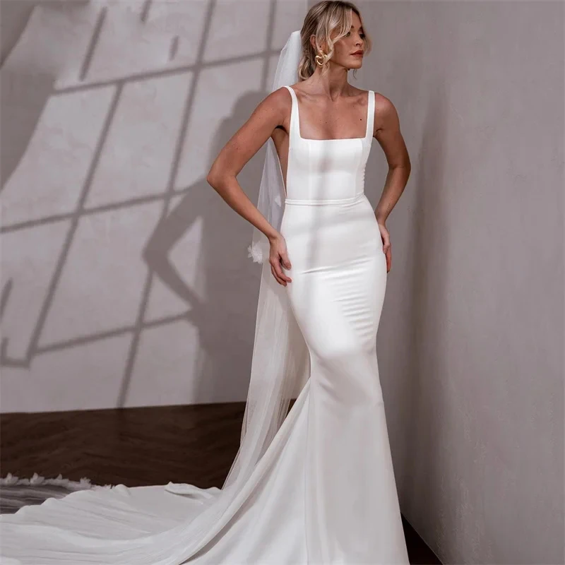 Simple Wedding Dresses Spaghetti Strap Backless Sheath Mermaid Train Wedding Dresses For Wedding Bridesmaid Birthday Resort