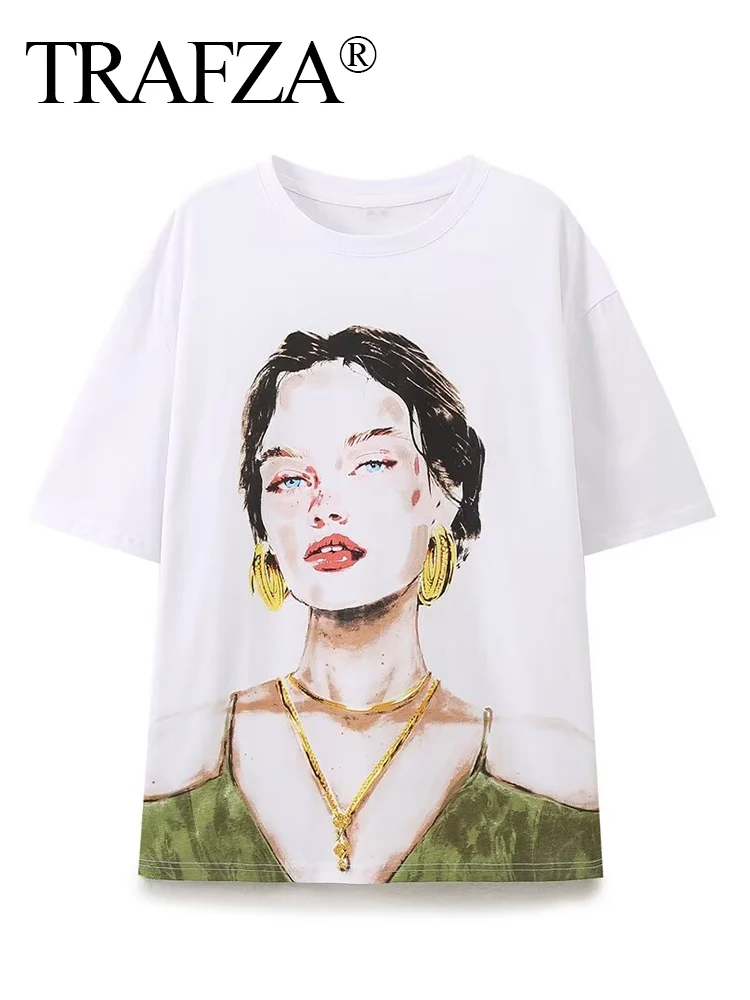 TRAFZA 2024 Women Fashion Crew Neck Front Printed Simple T-Shirt Female Chic Elegant Knitted Contrast Color Casual Print Blouse