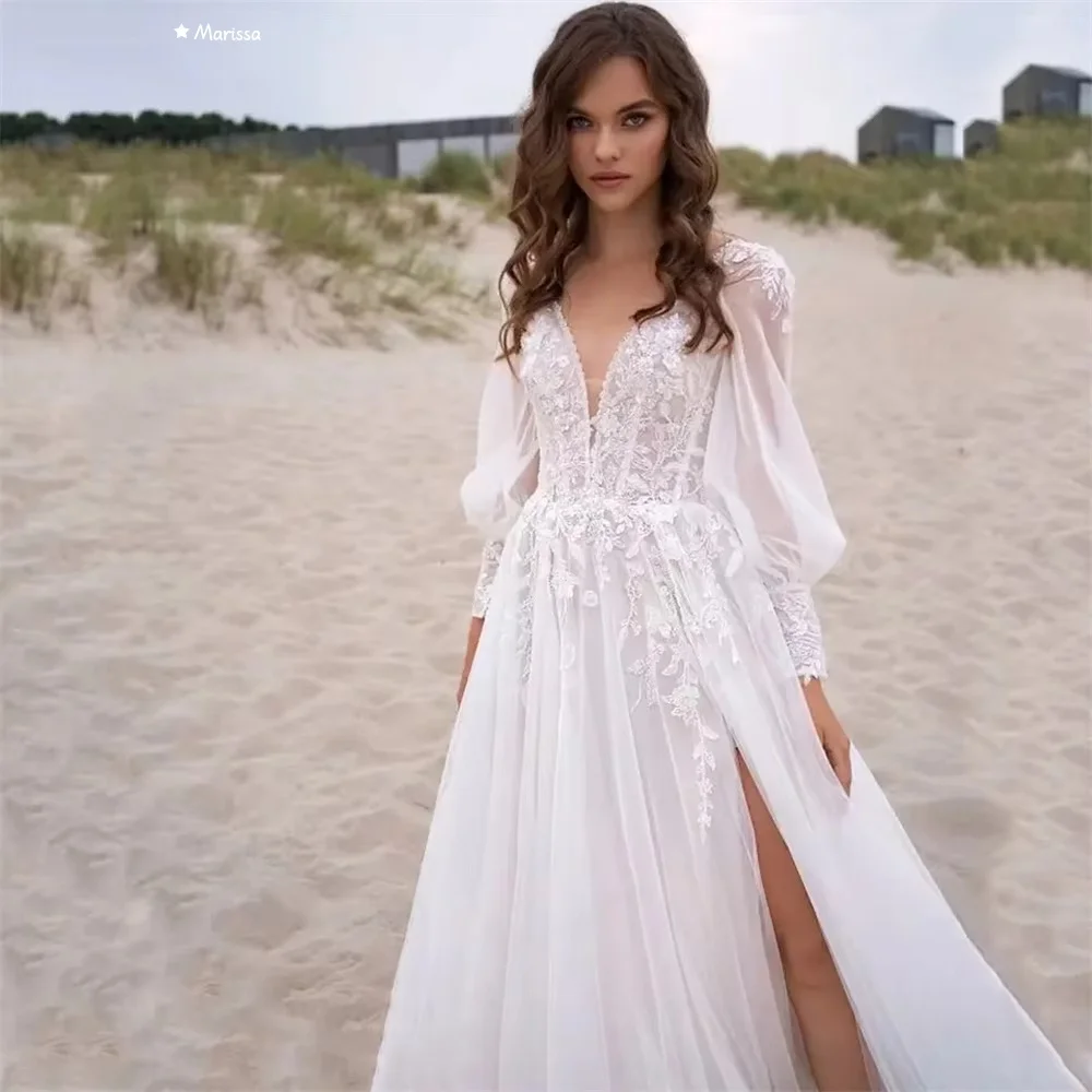 Marissa a linha de tule elegante vestidos de festa para casamento mulher rendas flores feito sob encomenda vestido de baile com decote em v mangas compridas vestidos de baile