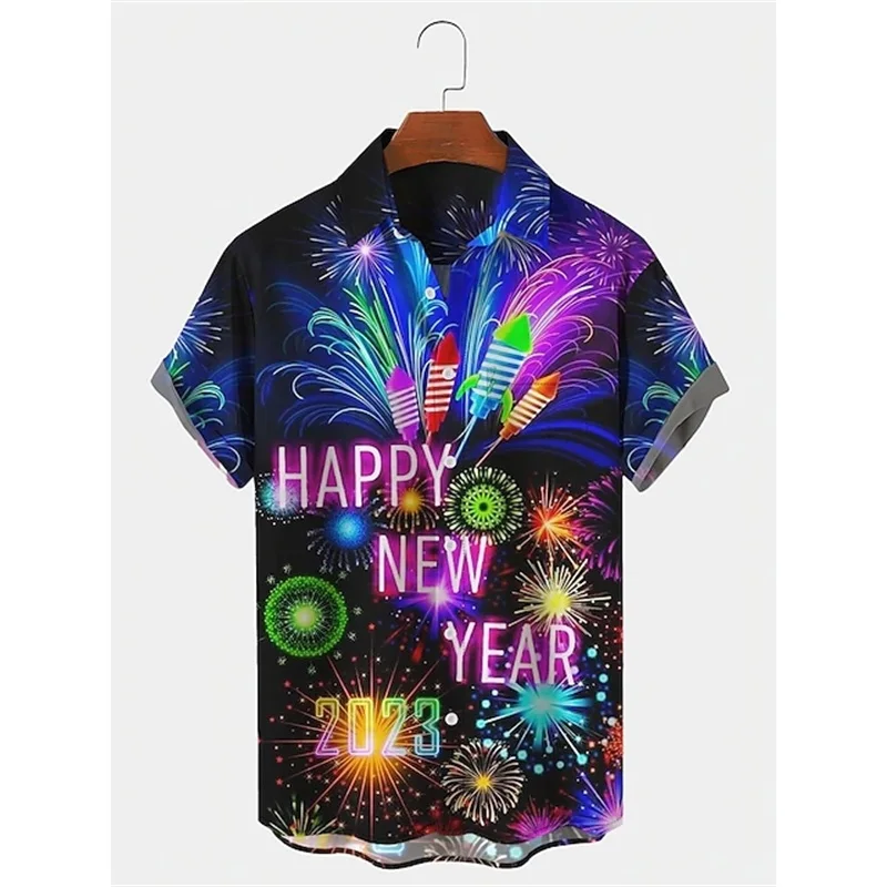 2025 Happy New Year Hawaii Shirts For Men Women All Over Print Short Sleeve Button Up Shirts Blouse Mens Casual Plus Size Tshirt