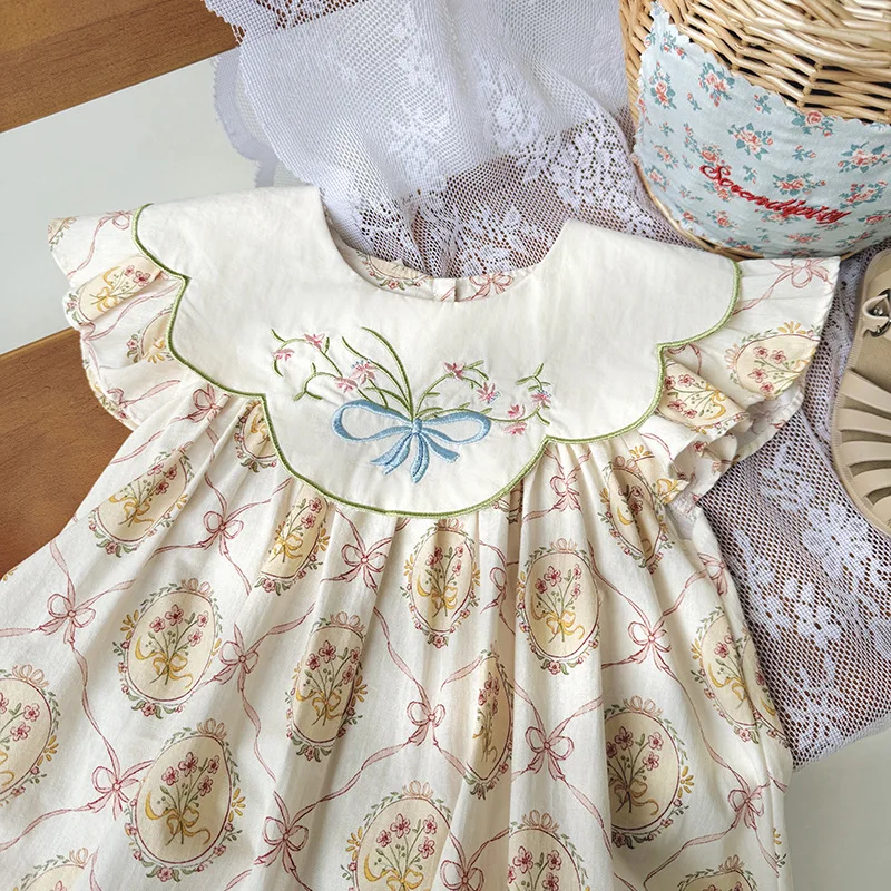 Children\'s Doll Collar Butterfly Flower Embroidered Girls\' Dress 2024 Summer New Korean Style Flying Sleeve Sweet Princess Dress