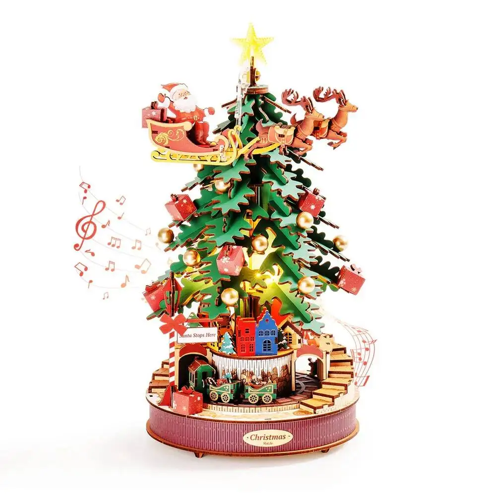 

Christmas tree musical carousel music box DIY handmade assembly 3D puzzle building blocks toy Valentine's Day gift silk flowers
