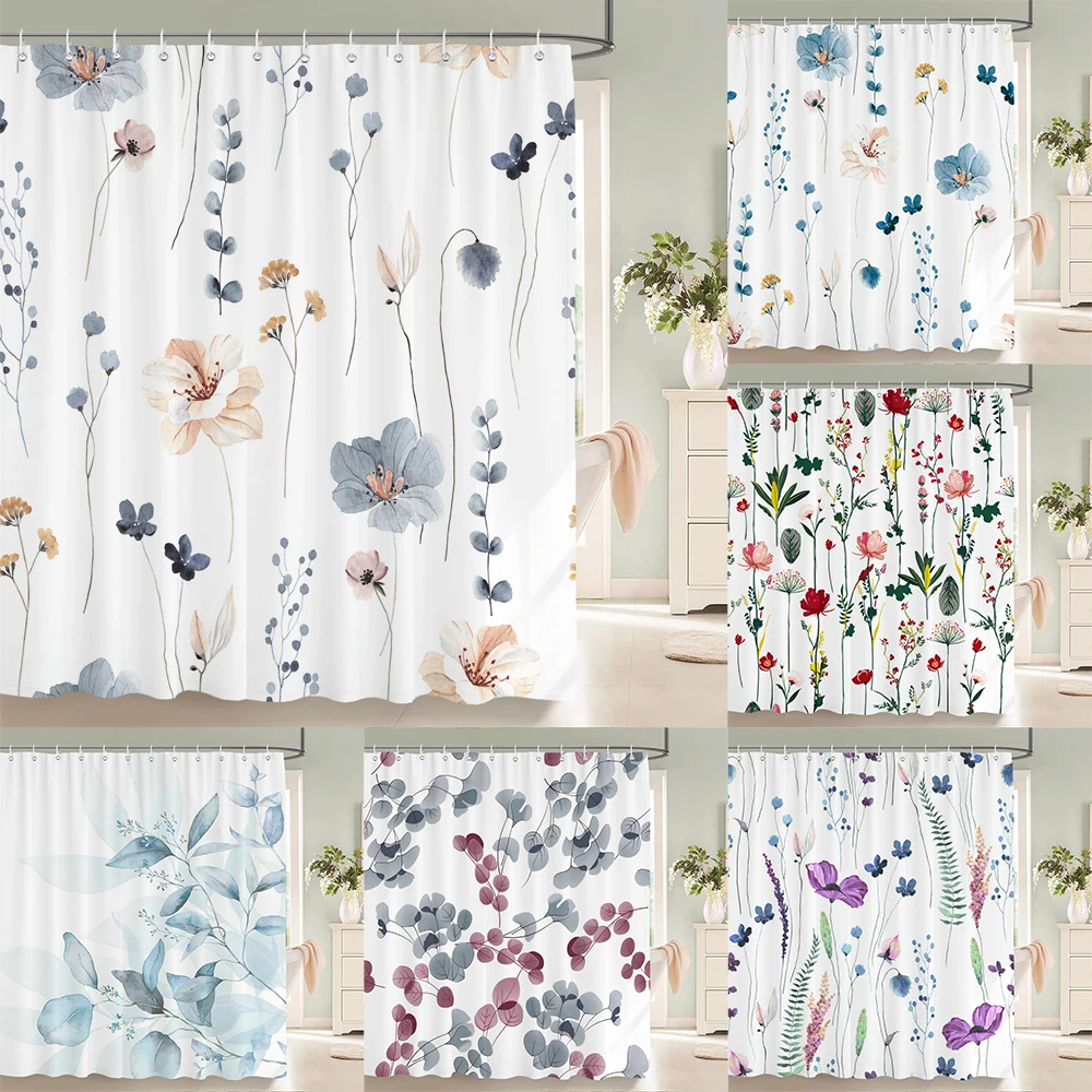 Elegant Flowers Shower Curtain 180x180cm Floral Printed Shower Curtain Polyester Bath Curtain Bathroom Decor Washable With Hooks