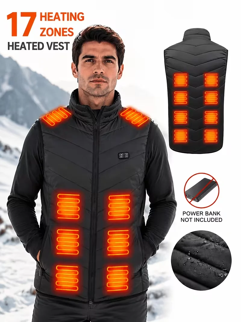 Men'S Heated Vest, Couple Style, 17-Zone Heating, Independent Front and Back Temperature Control, Outdoor Sports Fishing, Camping, Skiing