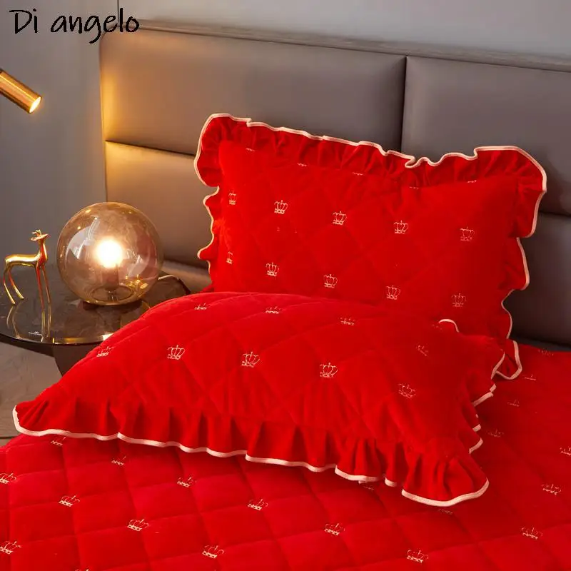 Red Thickened Quilting Bed Skirt, Embroidery, Cotton, Lace Bedspread, Pillowcase, Mattress Cover, Double King, Queen, #/#