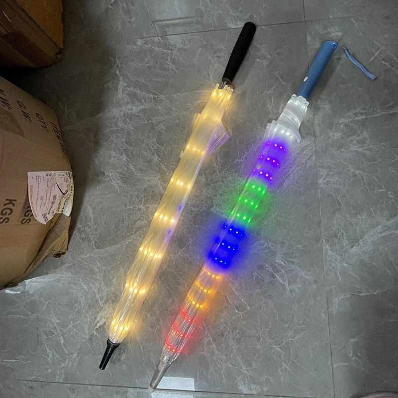 Romantic Gift Colorful Led Light Umbrella With Flashlight Creative Long Handle Transparent Straight Handle Flashlight Umbrella