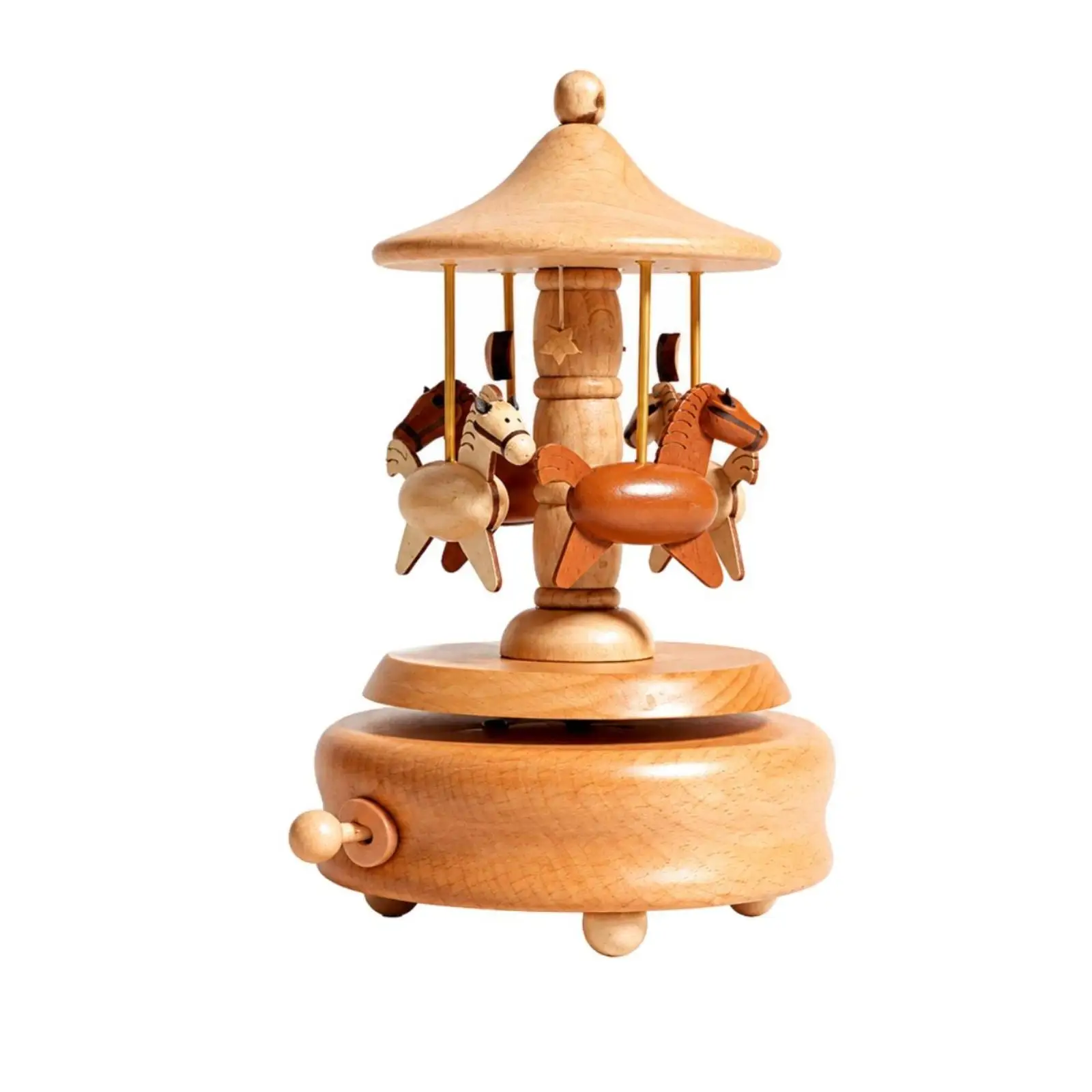 Manual Crank Wooden Music Box Carousel with Rotating Figures Decorative Art for Reading Corner Desk Shelf