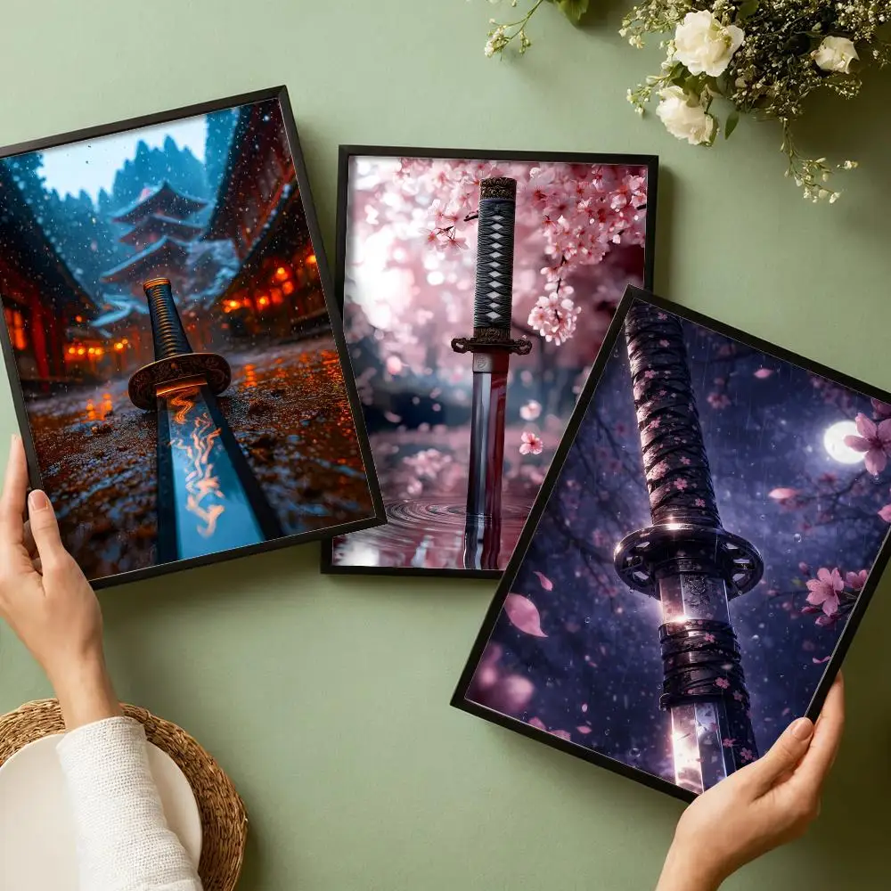 Samurai Sword with Falling Leave Poster Waterproof Wall Art Sticker for Home Bar Decoration, Self-Adhesive Room Wall Decor Mural