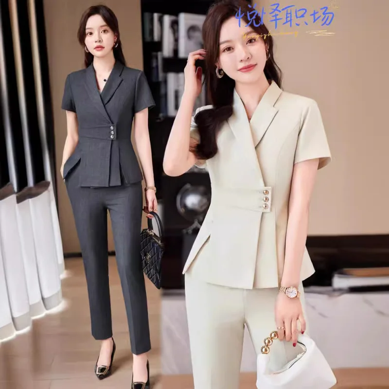 Professional Suit Set for Women, Summer Thin Short Sleeve Formal Wear, Elegant Hotel Manager Reception Uniform, Jewelry Store Wo