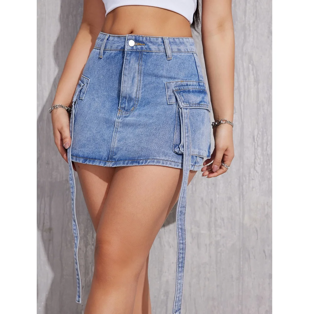 Denim Skirts For Women Casual Pockets Jeans Mini Skirt