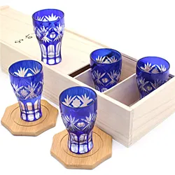 Japanese one shot sake glass, spirit cup, wooden box set, Japanese hand engraved blue glass