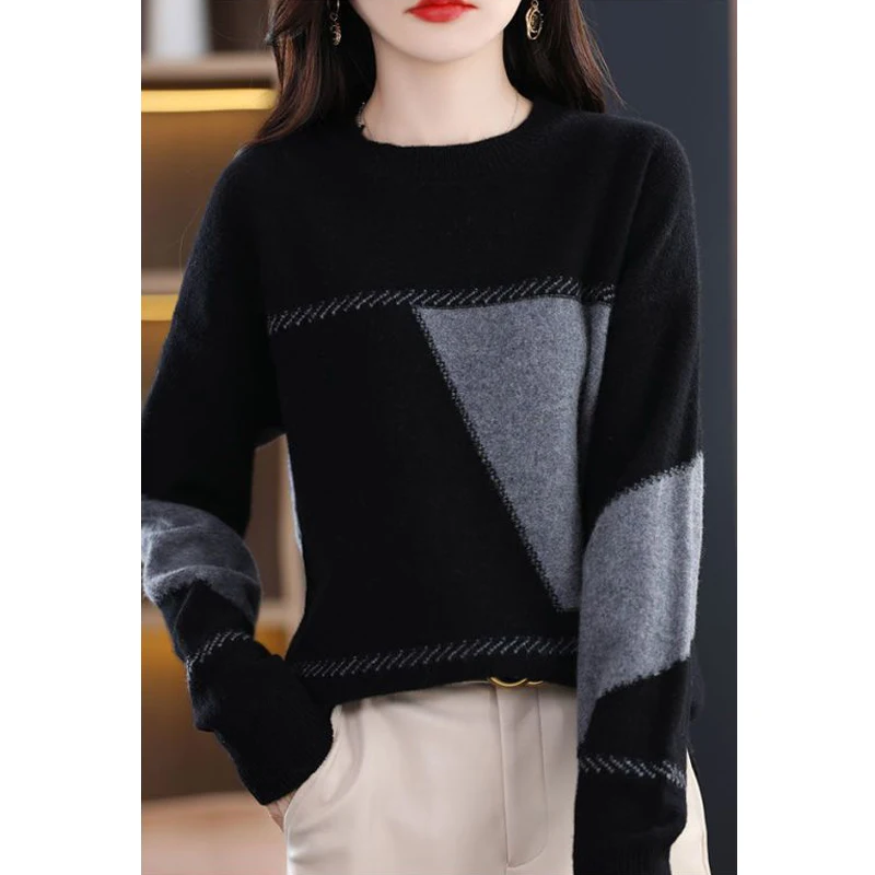 Autumn Winter New 2022 Korean Elegant Fashion Contrast Color Loose Warm Knitted Sweater Women Casual Pullover Top Female Clothes