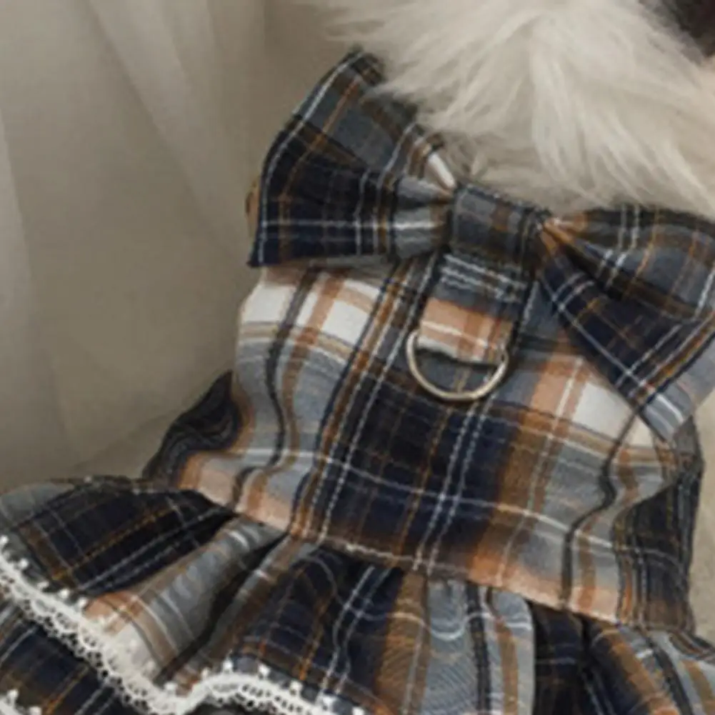 Cat Dresses Bowknot Decor Pet Leash Set Plaid Pattern Kitten Skirt With With Traction Rope Pleated Hemming Round Neck Dog Outfit