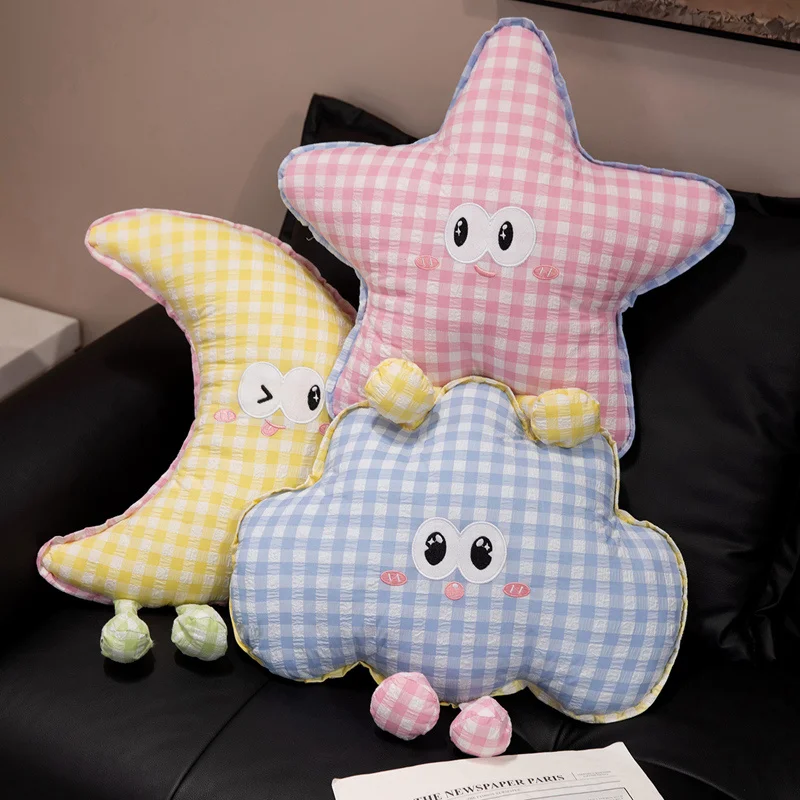 

Хлопковая тканевая подушка с эмоциями, полипропиленовая хлопковая подушка с начинкой в виде лунного облака и звезды, клетчатый узор, плюшевая подушка с ножками, кавайный декор, подарок