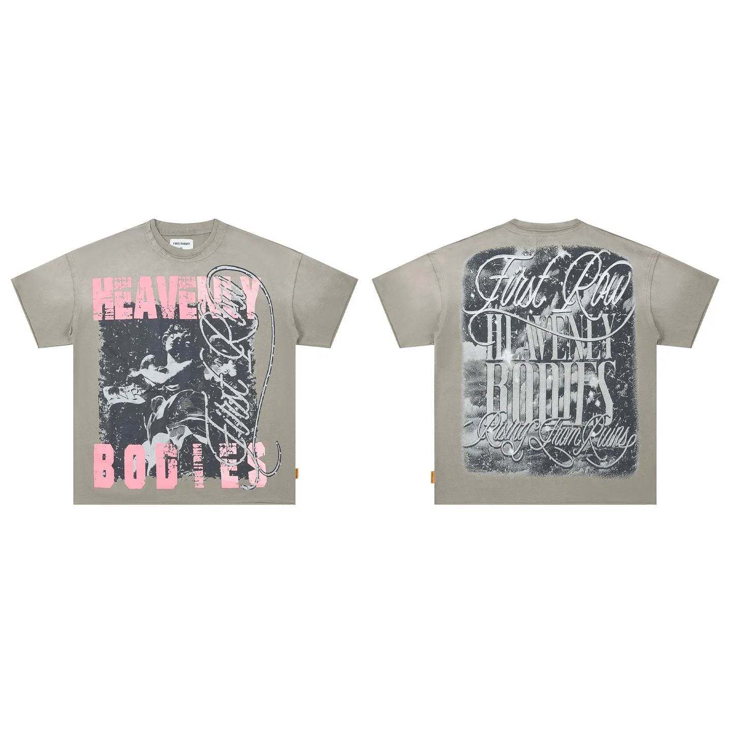 First Row High Street Retro Washed Water-Dyed Antique Beaded Pattern Print Summer Loose Hip-Hop Short-Sleeved T-Shirt